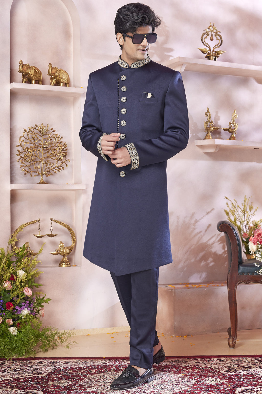 Dark Blue Art Silk Indo Western Traditional Sherwani Long Kurta & Pant Suit for Men for Wedding - Embroidery Work