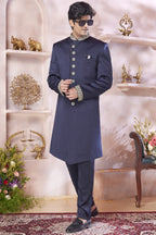 Dark Blue Art Silk Indo Western Traditional Sherwani Long Kurta & Pant Suit for Men for Wedding - Embroidery Work