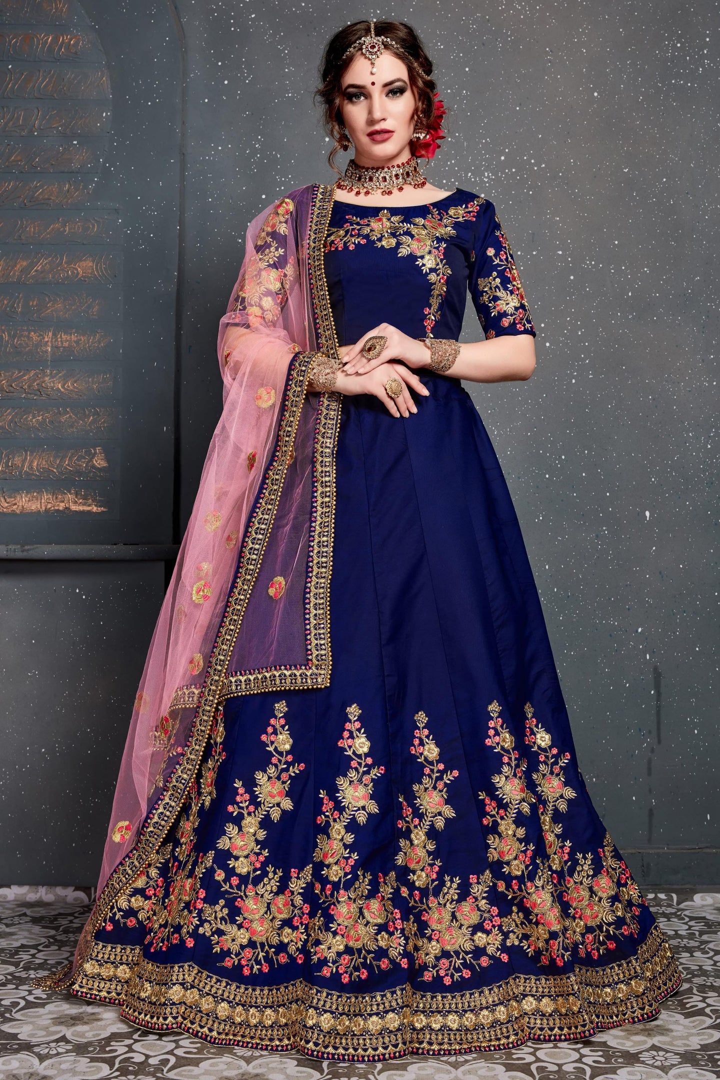 Dark Blue Velvet Lehenga Choli For Indian & Pakistani Wedding Festival - Dori Work, Zari Work, Sequence Embroidery Work