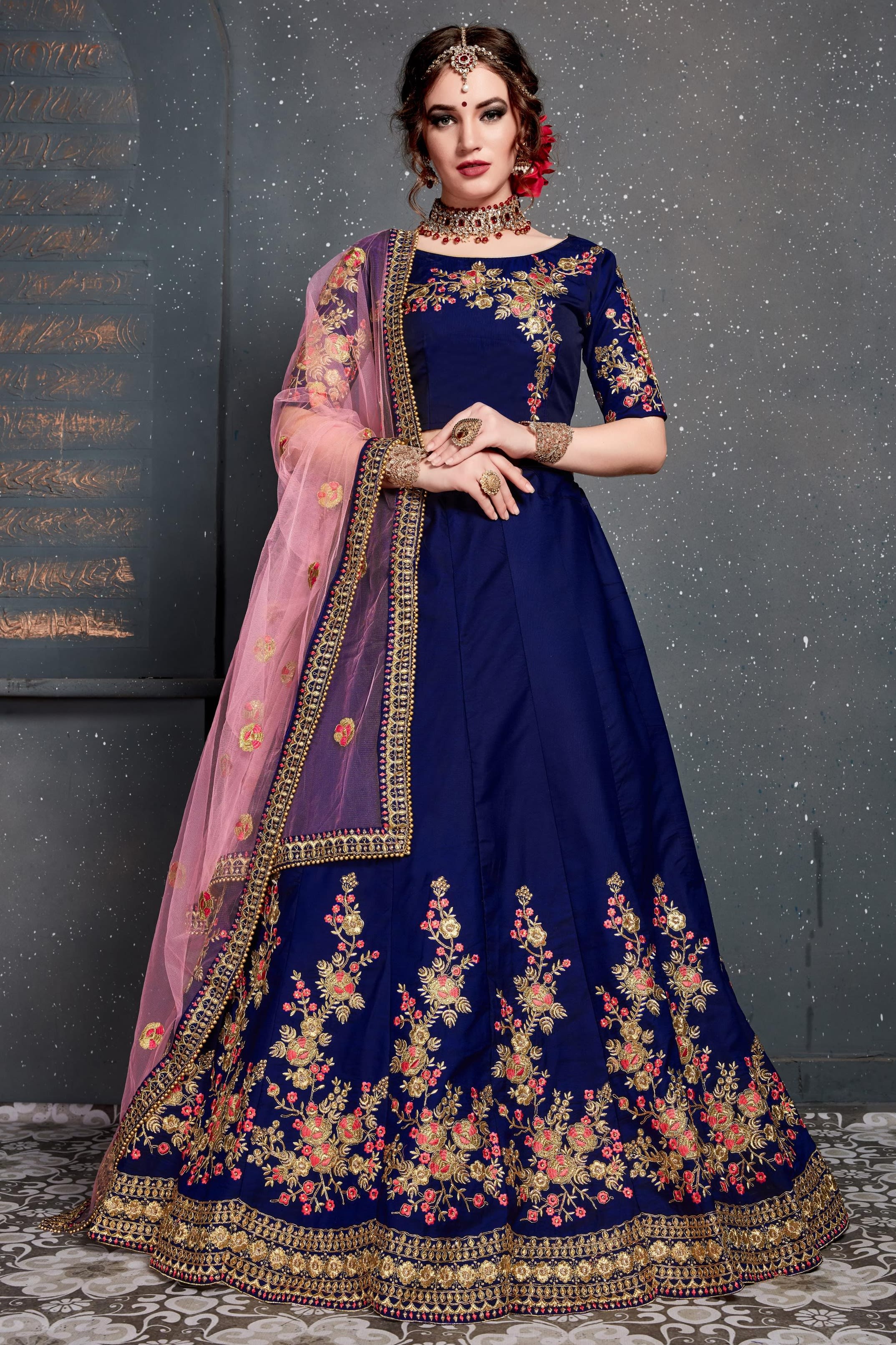 Dark Blue Velvet Lehenga Choli For Indian & Pakistani Wedding Festival - Dori Work, Zari Work, Sequence Embroidery Work