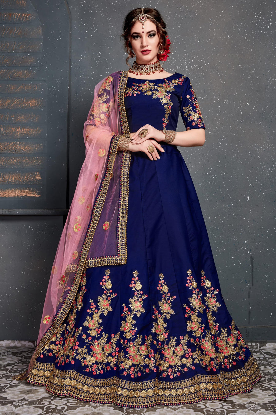 Dark Blue Velvet Lehenga Choli For Indian & Pakistani Wedding Festival - Dori Work, Zari Work, Sequence Embroidery Work