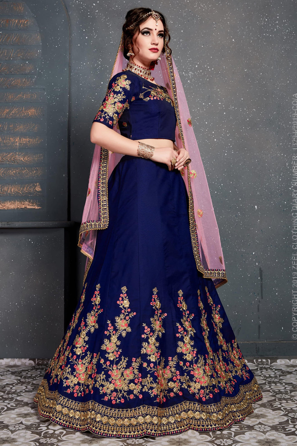 Dark Blue Velvet Lehenga Choli For Indian & Pakistani Wedding Festival - Dori Work, Zari Work, Sequence Embroidery Work