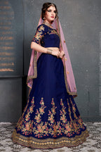 Dark Blue Velvet Lehenga Choli For Indian & Pakistani Wedding Festival - Dori Work, Zari Work, Sequence Embroidery Work