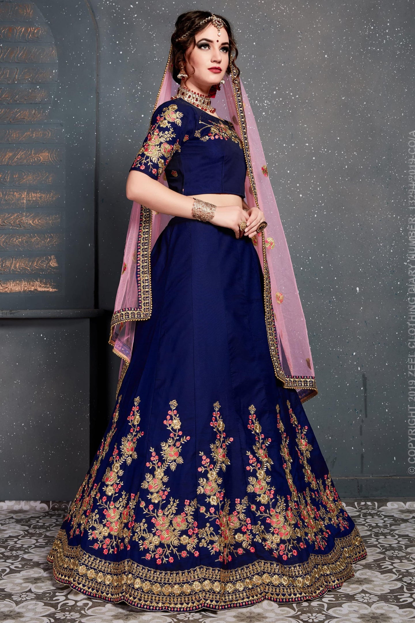 Dark Blue Velvet Lehenga Choli For Indian & Pakistani Wedding Festival - Dori Work, Zari Work, Sequence Embroidery Work