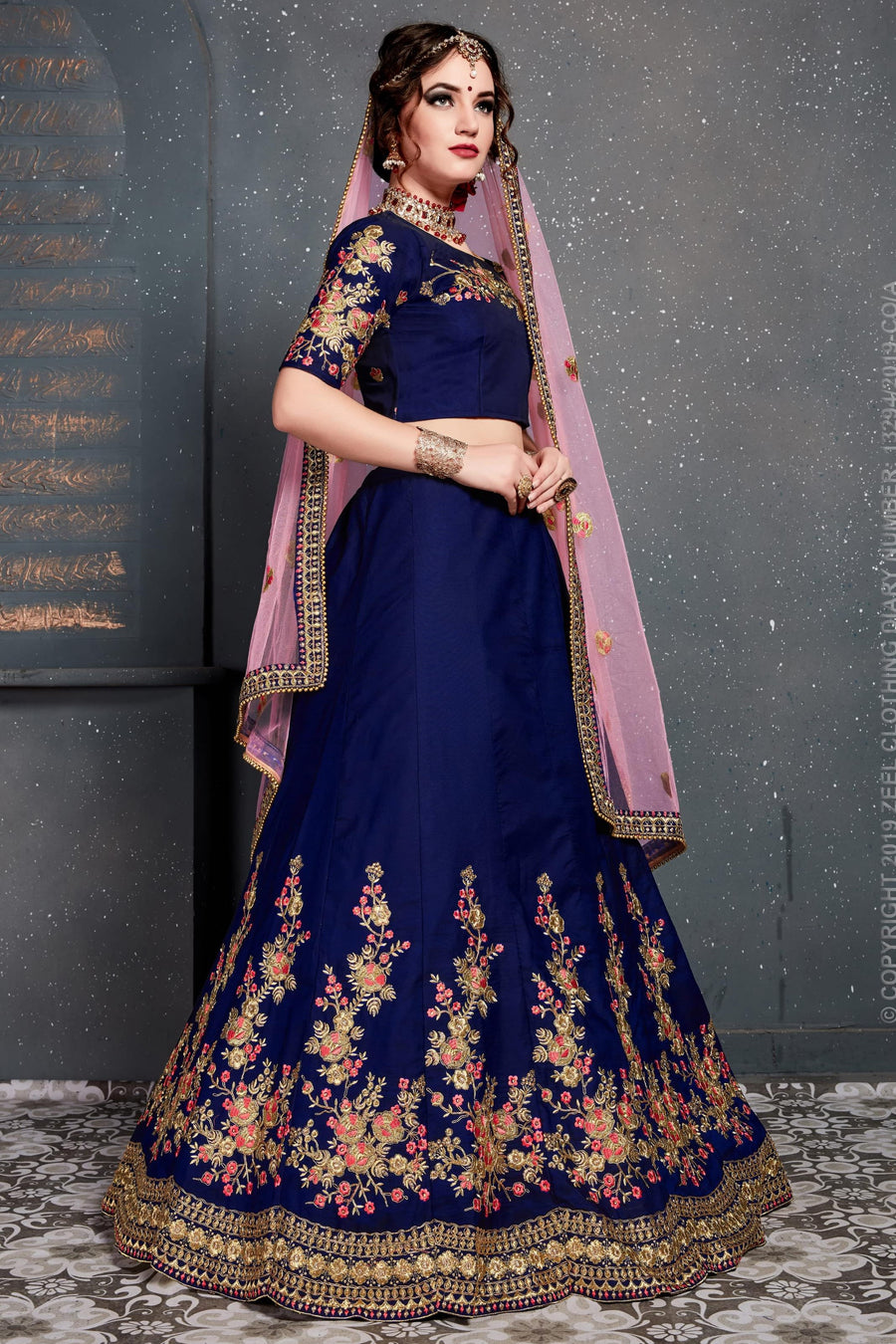 Dark Blue Velvet Lehenga Choli For Indian & Pakistani Wedding Festival - Dori Work, Zari Work, Sequence Embroidery Work