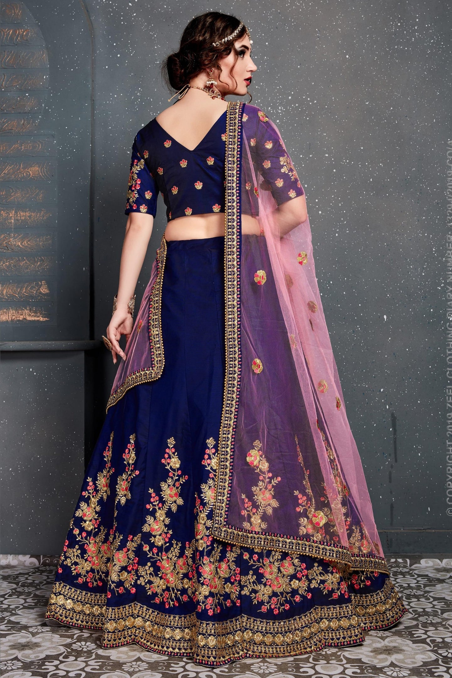 Dark Blue Velvet Lehenga Choli For Indian & Pakistani Wedding Festival - Dori Work, Zari Work, Sequence Embroidery Work