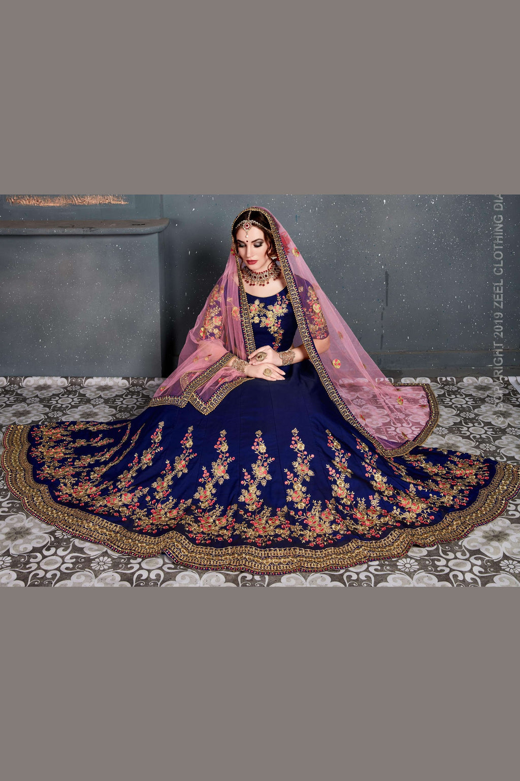Dark Blue Velvet Lehenga Choli For Indian & Pakistani Wedding Festival - Dori Work, Zari Work, Sequence Embroidery Work