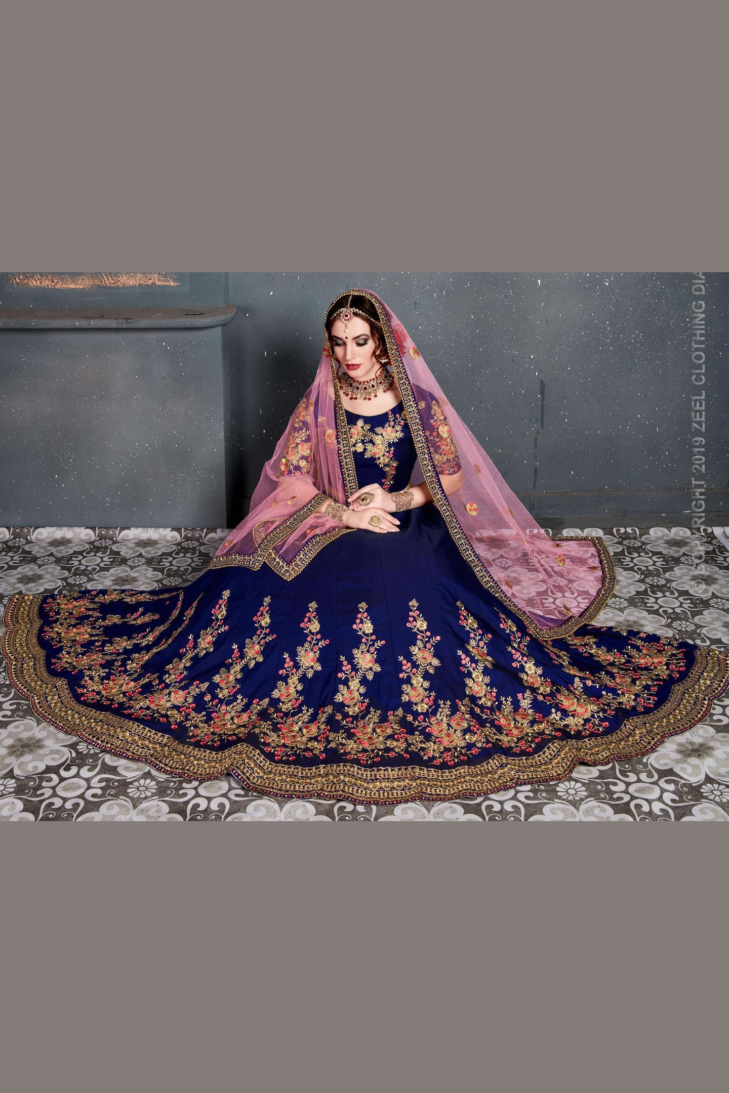 Dark Blue Velvet Lehenga Choli For Indian & Pakistani Wedding Festival - Dori Work, Zari Work, Sequence Embroidery Work