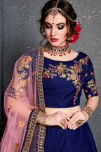 Dark Blue Velvet Lehenga Choli For Indian & Pakistani Wedding Festival - Dori Work, Zari Work, Sequence Embroidery Work