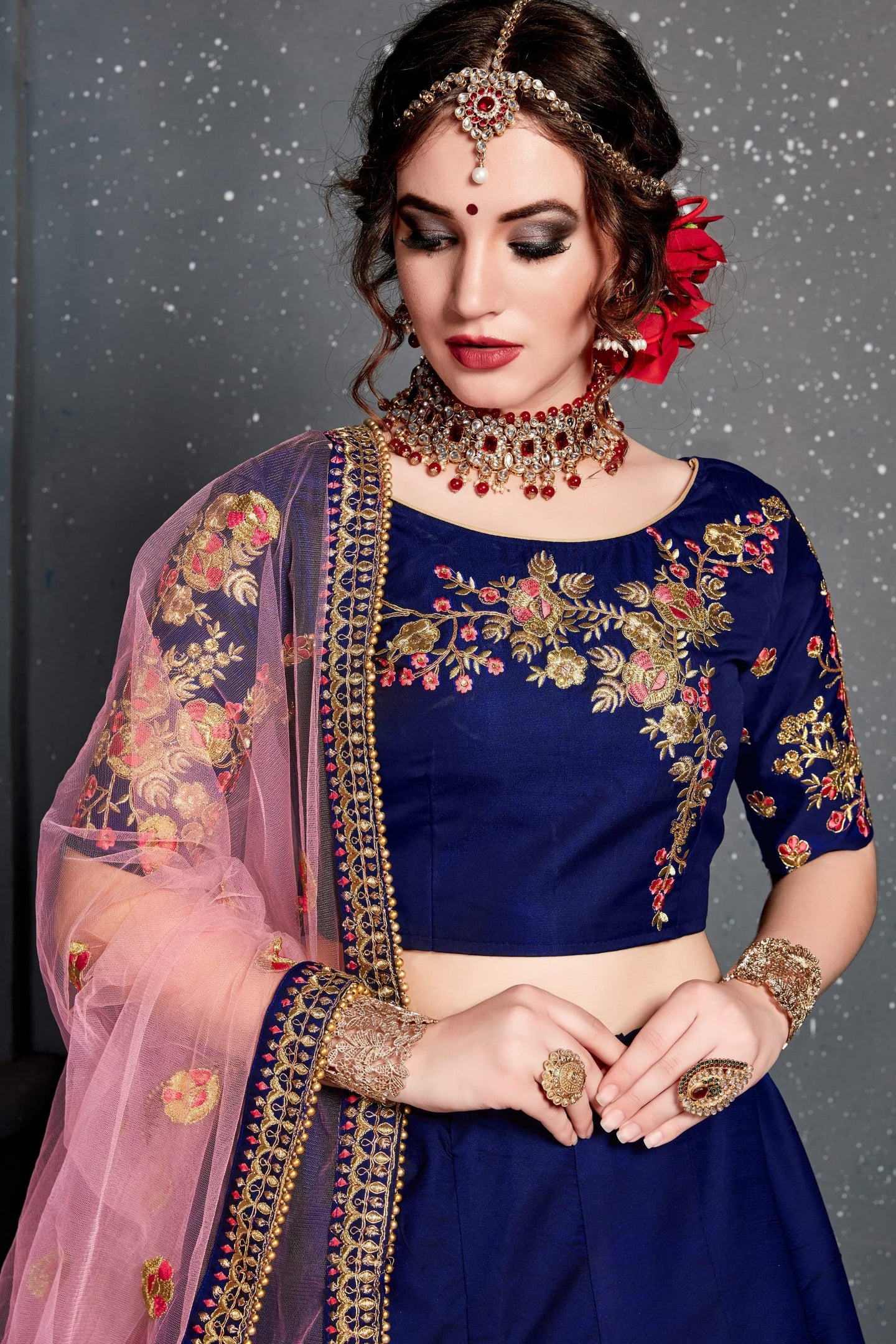 Dark Blue Velvet Lehenga Choli For Indian & Pakistani Wedding Festival - Dori Work, Zari Work, Sequence Embroidery Work