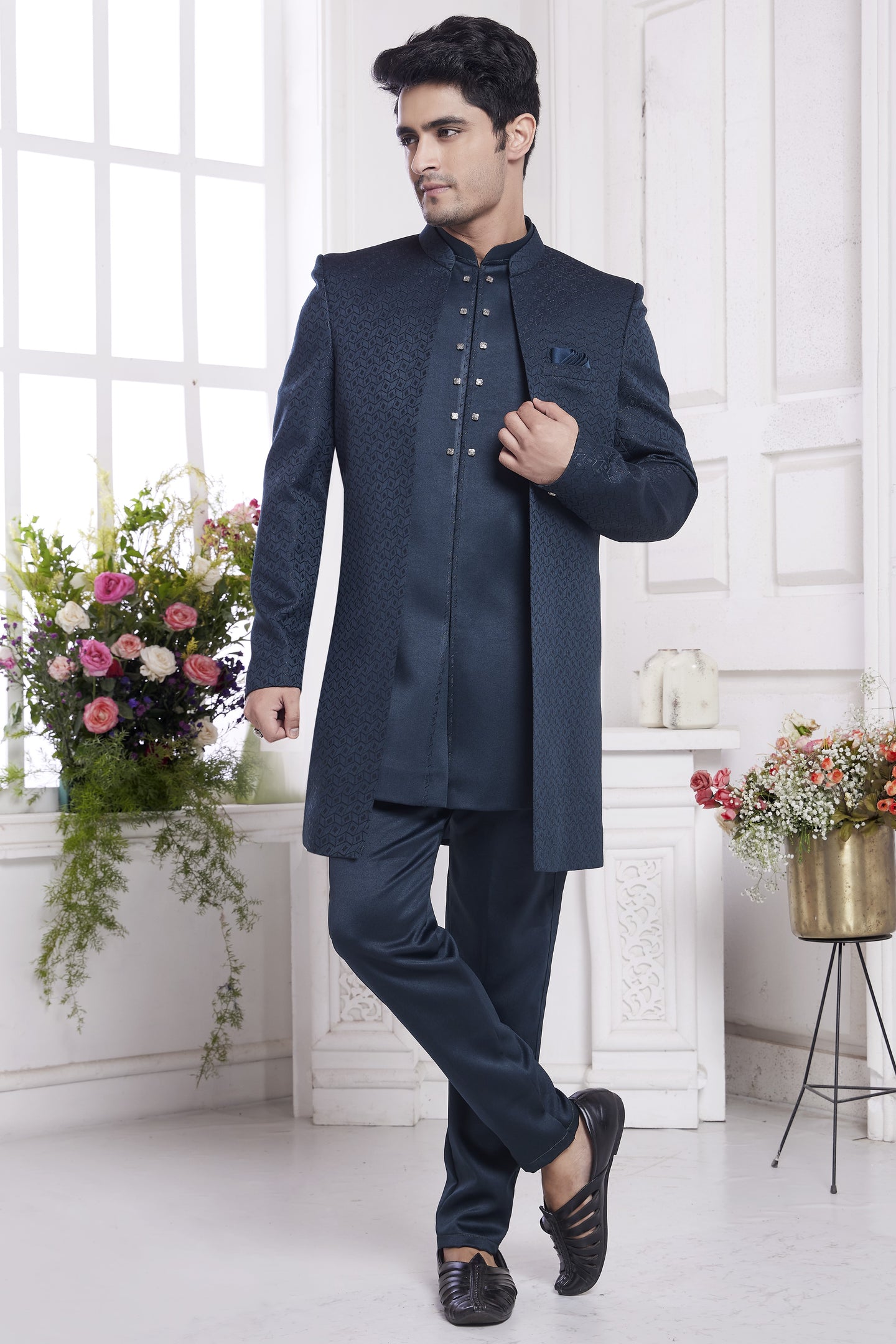 Dark Blue Jacquard Silk Indo Western Traditional Sherwani Kurta with Jacket & Pant for Men for Wedding - Embroidery Work