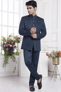 Dark Blue Jacquard Silk Traditional Jodhpuri Suits with Pant for Men for Wedding - Embroidery Work