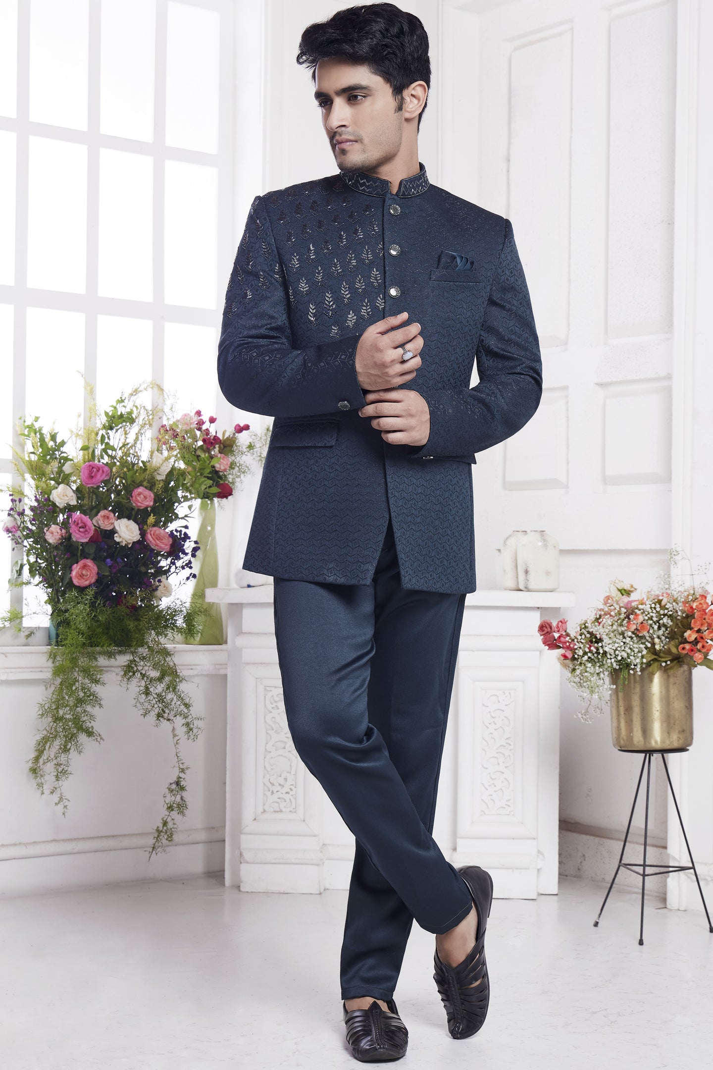 Dark Blue Jacquard Silk Traditional Jodhpuri Suits with Pant for Men for Wedding - Embroidery Work