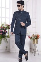 Dark Blue Jacquard Silk Traditional Jodhpuri Suits with Pant for Men for Wedding - Embroidery Work