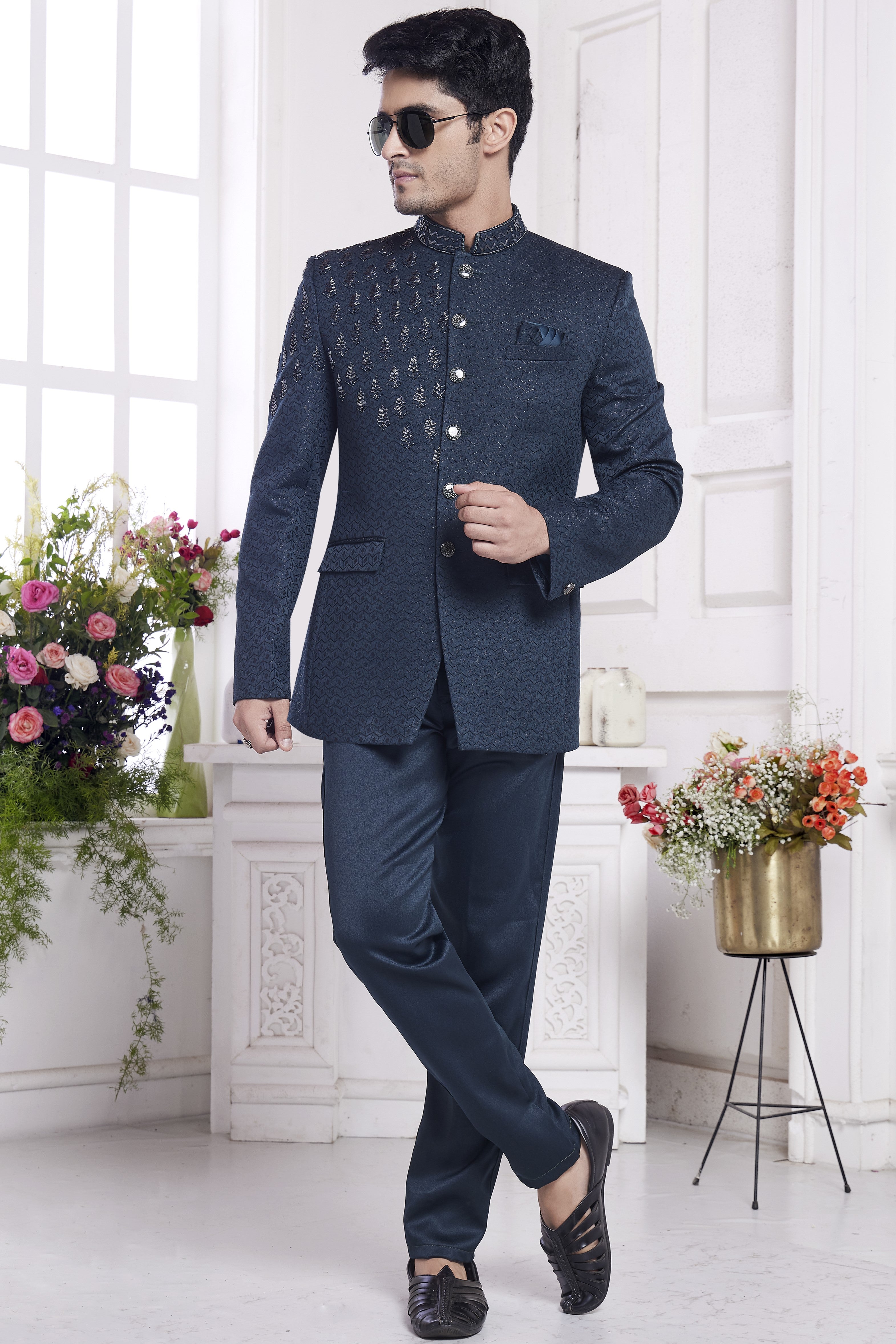 Dark Blue Jacquard Silk Traditional Jodhpuri Suits with Pant for Men for Wedding - Embroidery Work