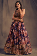 Dark Blue Organza Lehenga Choli For Indian Festival & Weddings - Embroidery Work, Print Work