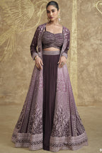 Dark Brown Chinon Silk Lehenga Choli with Koti For Indian Festivals & Pakistani Weddings Dress - Embroidery Work