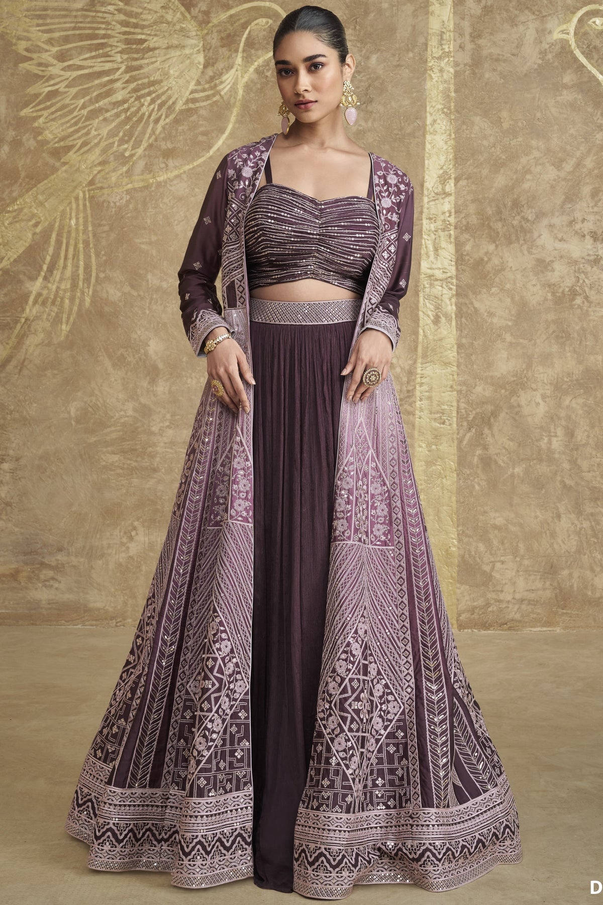 Dark Brown Chinon Silk Lehenga Choli with Koti For Indian Festivals & Pakistani Weddings Dress - Embroidery Work