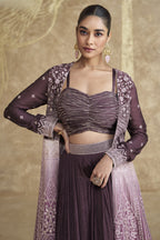Dark Brown Chinon Silk Lehenga Choli with Koti For Indian Festivals & Pakistani Weddings Dress - Embroidery Work