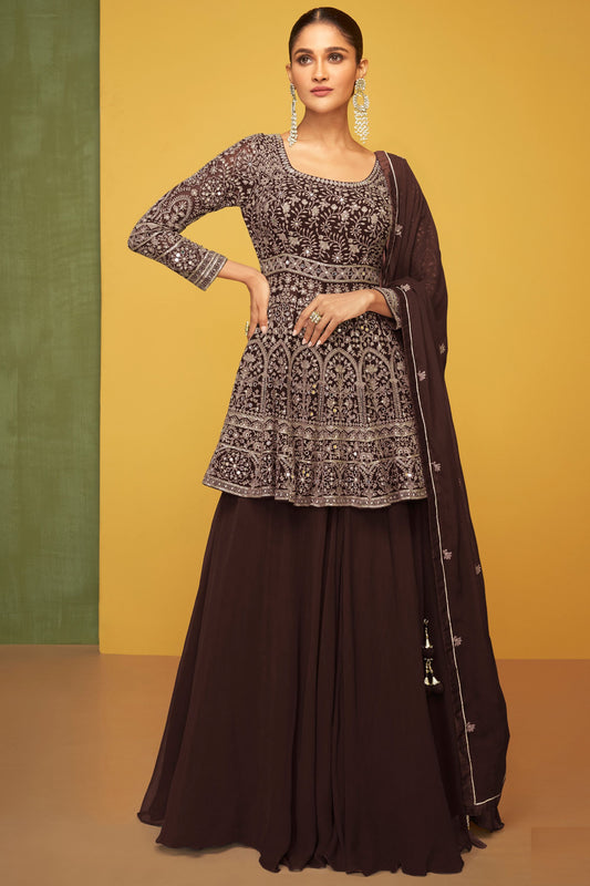 Dark Brown Georgette Kameez with Skirt For Indian Festivals & Pakistani Weddings Dress - Embroidery Work