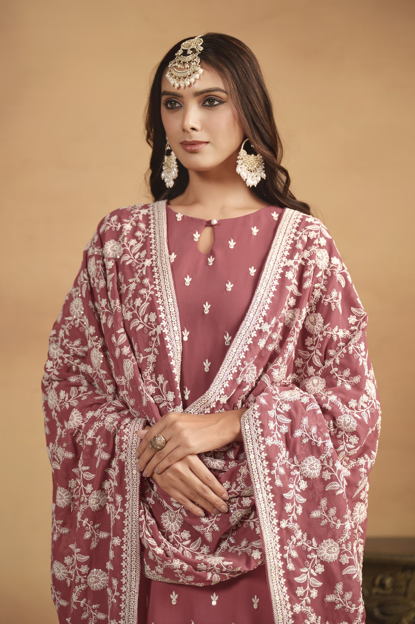 Dark Coral Georgette Embroidered Dress Womens Kameez with Pant