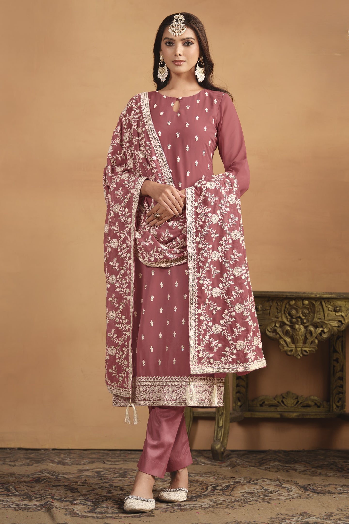 Dark Coral Georgette Embroidered Dress Womens Kameez with Pant