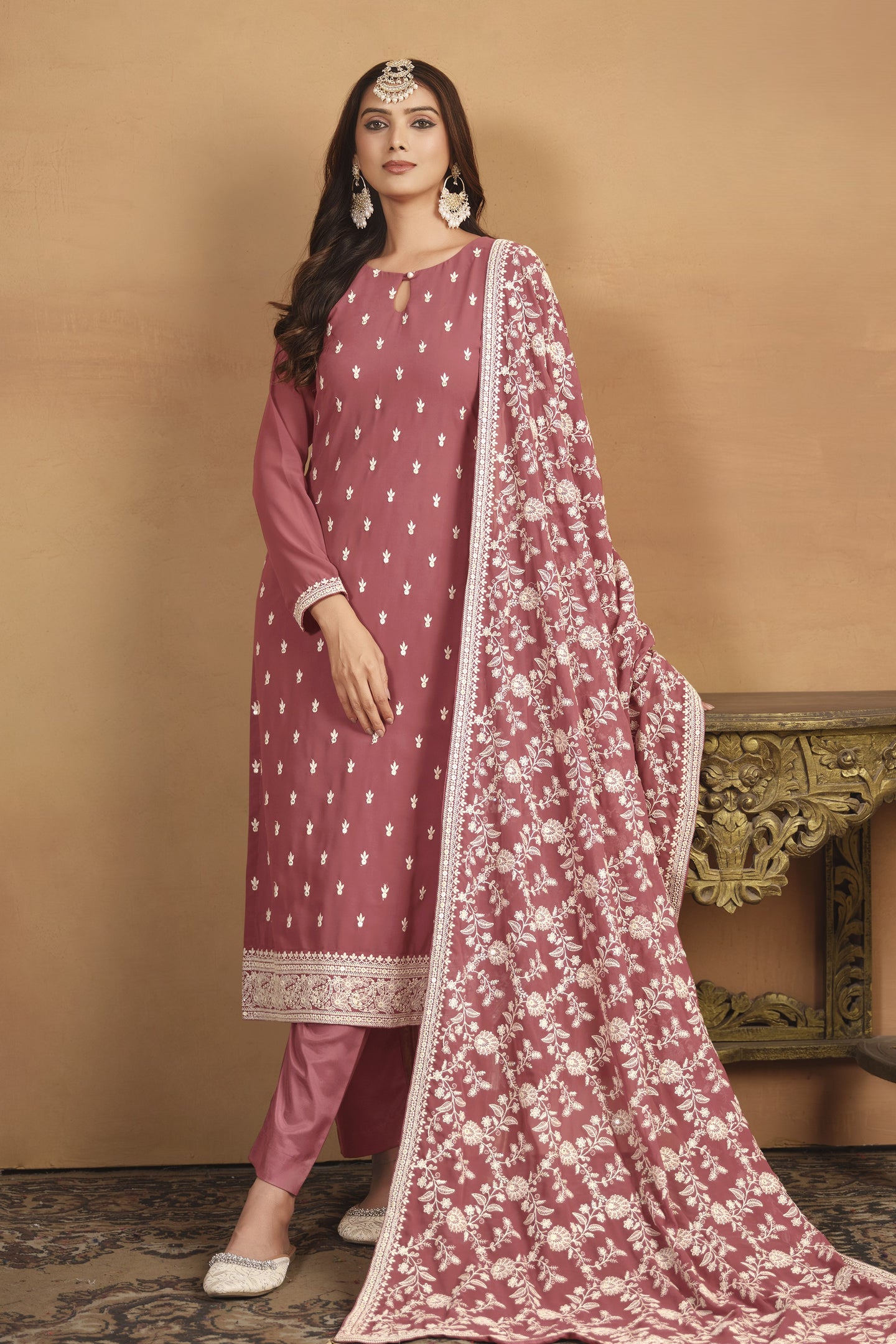 Dark Coral Georgette Embroidered Dress Womens Kameez with Pant