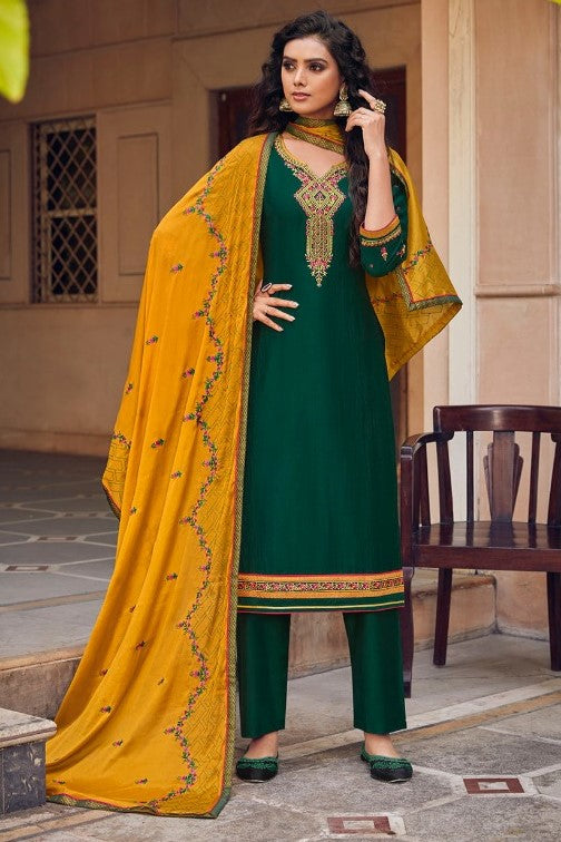 Dark Green Art Silk Kameez with Pant For Indian Suit Festivals & Pakistani Weddings - Embroidery Work