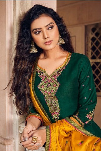 Dark Green Art Silk Kameez with Pant For Indian Suit Festivals & Pakistani Weddings - Embroidery Work