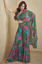Dark Green Chinon Silk Floral Plazo Choli With Jacket For Indian & Pakistani Wedding Festival - Embroidery Work, Print Work