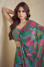 Dark Green Chinon Silk Floral Plazo Choli With Jacket For Indian & Pakistani Wedding Festival - Embroidery Work, Print Work