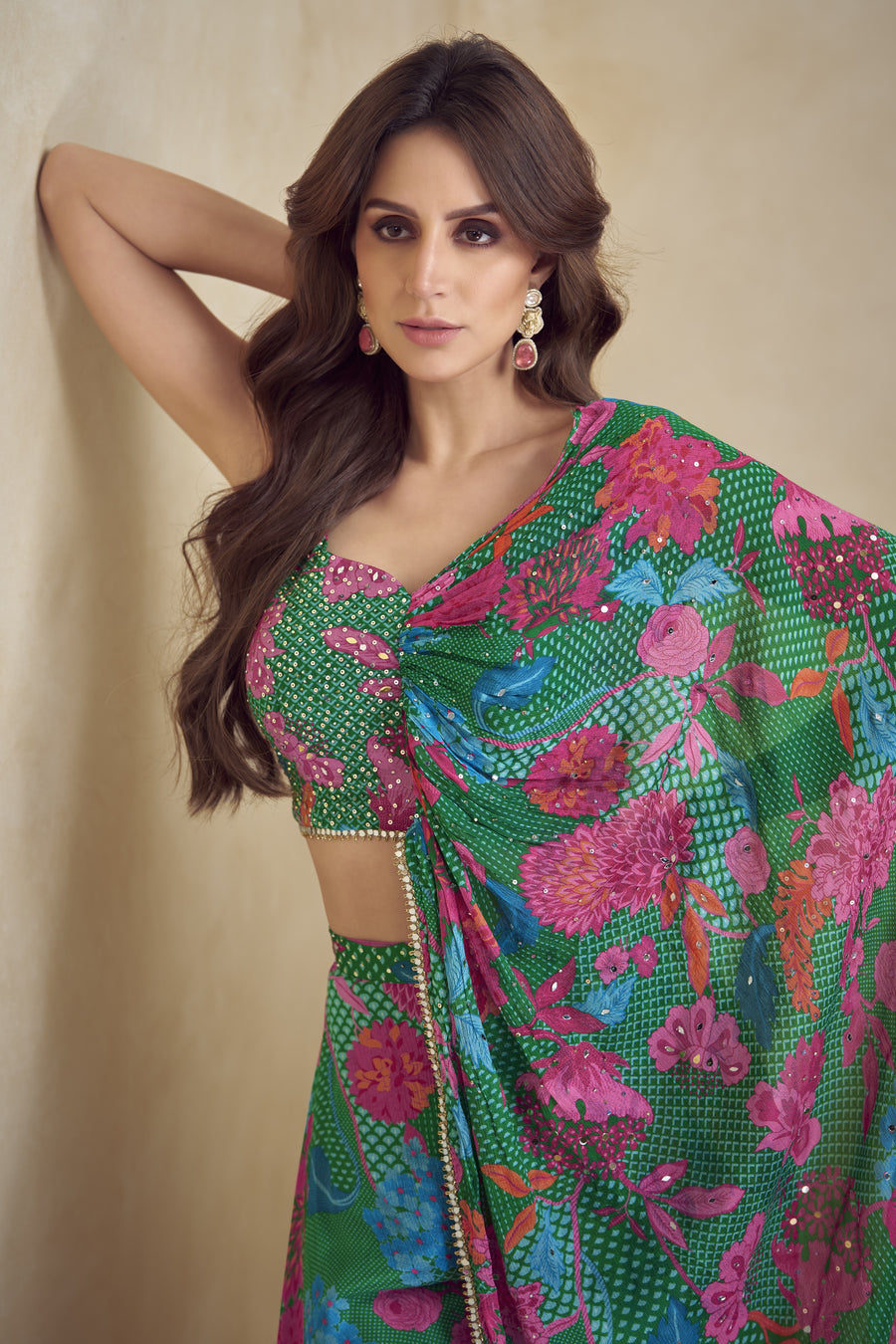 Dark Green Chinon Silk Floral Plazo Choli With Jacket For Indian & Pakistani Wedding Festival - Embroidery Work, Print Work