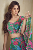 Dark Green Chinon Silk Floral Plazo Choli With Jacket For Indian & Pakistani Wedding Festival - Embroidery Work, Print Work