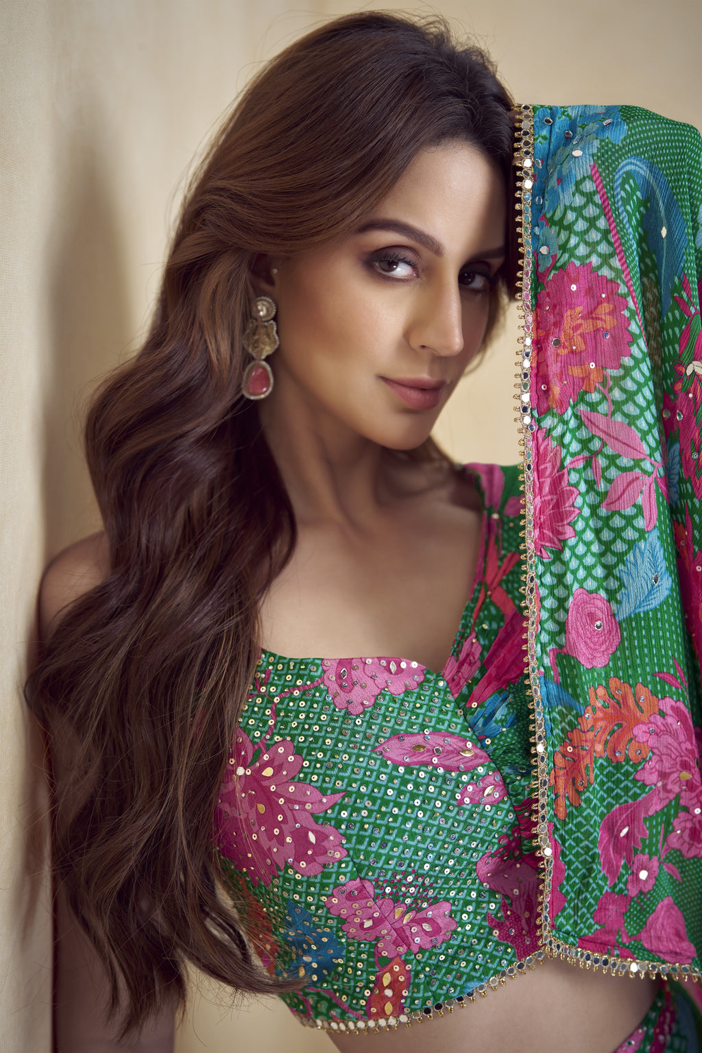 Dark Green Chinon Silk Floral Plazo Choli With Jacket For Indian & Pakistani Wedding Festival - Embroidery Work, Print Work