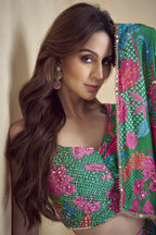 Dark Green Chinon Silk Floral Plazo Choli With Jacket For Indian & Pakistani Wedding Festival - Embroidery Work, Print Work