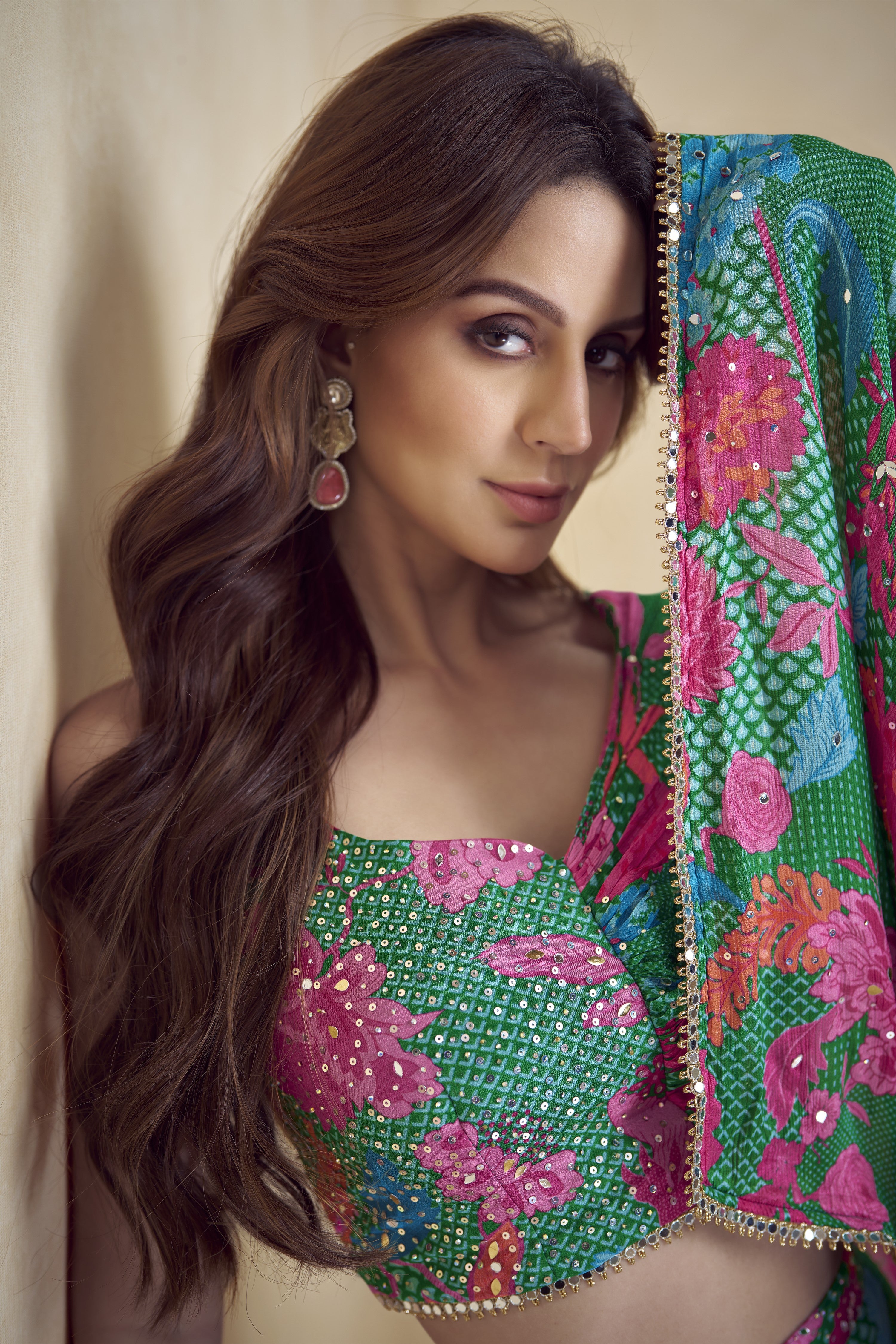 Dark Green Chinon Silk Floral Plazo Choli With Jacket For Indian & Pakistani Wedding Festival - Embroidery Work, Print Work