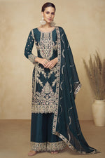 Dark Green Chinon Silk Palazo Suit For Indian & Pakistani Wedding Festival - Sequins & Thread Embroidery Work