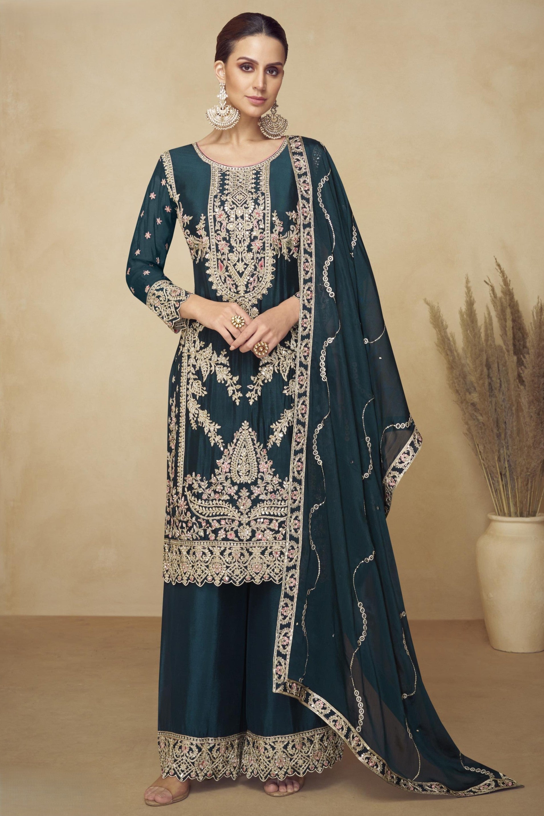 Dark Green Chinon Silk Palazo Suit For Indian & Pakistani Wedding Festival - Sequins & Thread Embroidery Work