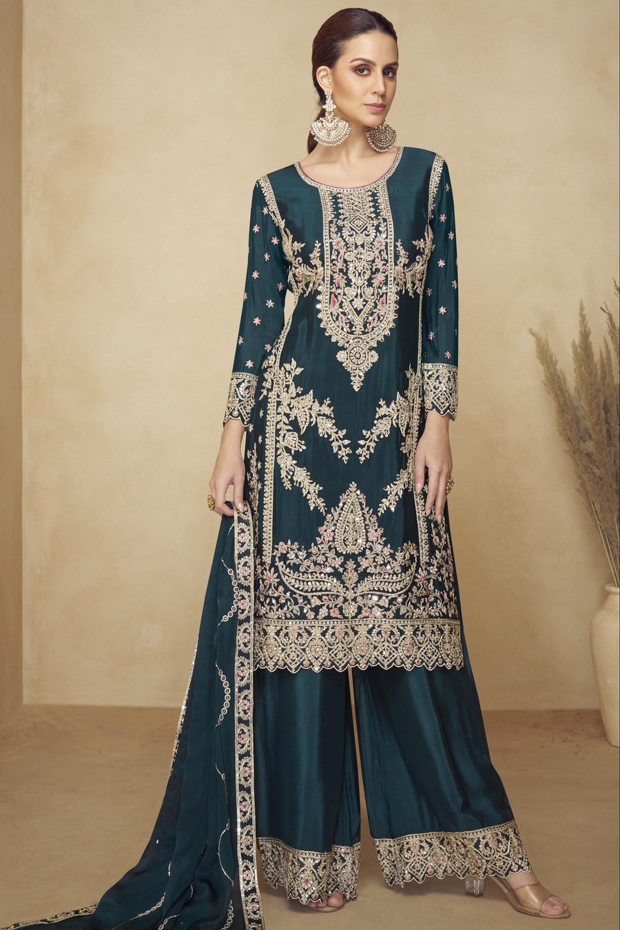 Dark Green Chinon Silk Palazo Suit For Indian & Pakistani Wedding Festival - Sequins & Thread Embroidery Work