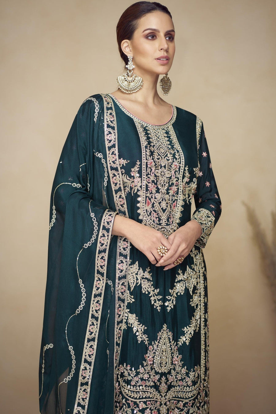 Dark Green Chinon Silk Palazo Suit For Indian & Pakistani Wedding Festival - Sequins & Thread Embroidery Work