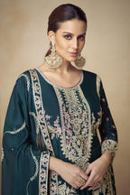Dark Green Chinon Silk Palazo Suit For Indian & Pakistani Wedding Festival - Sequins & Thread Embroidery Work
