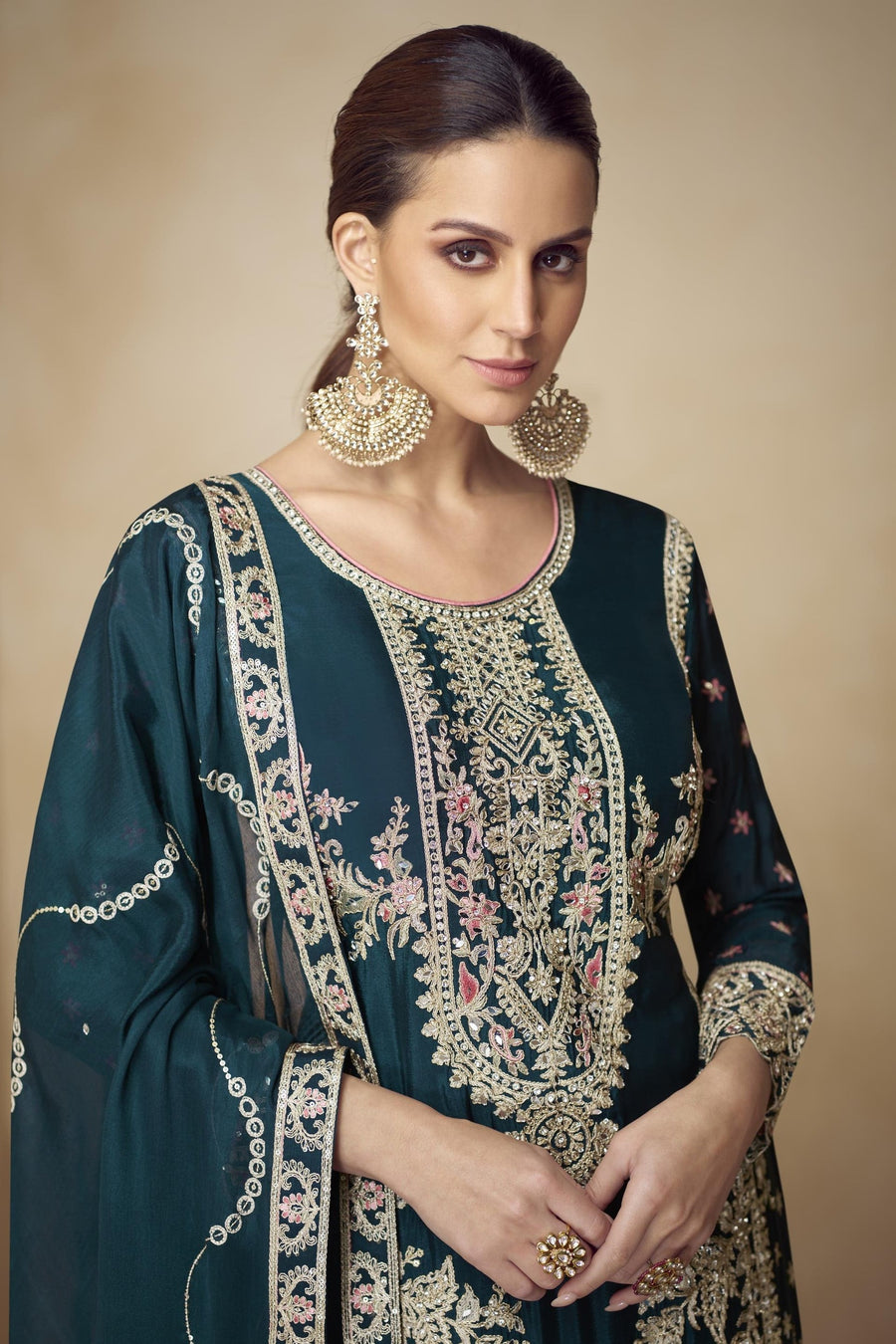 Dark Green Chinon Silk Palazo Suit For Indian & Pakistani Wedding Festival - Sequins & Thread Embroidery Work
