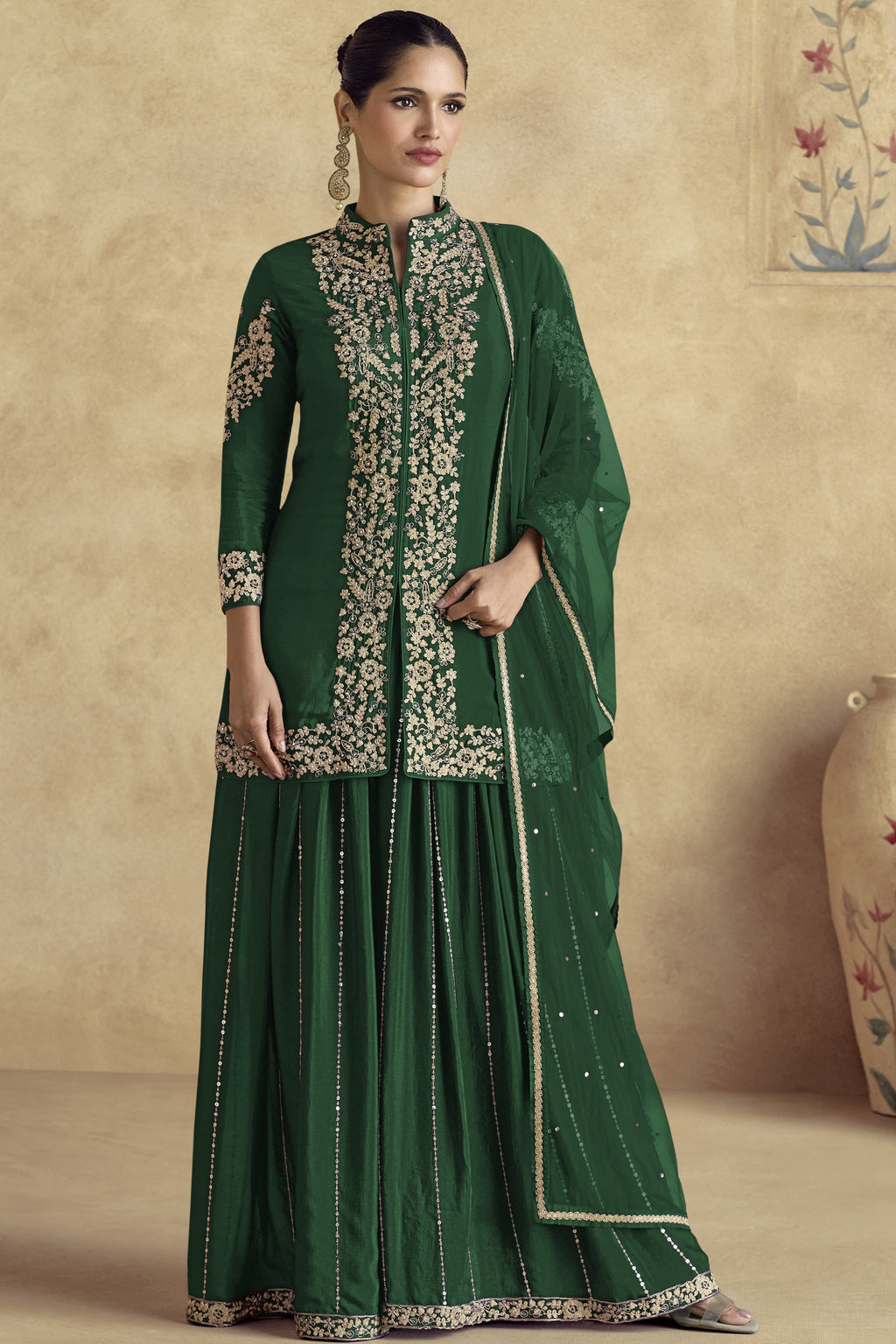 Dark Green Chinon Silk Plazo Suit For Indian Weddings & Pakistani Festival - Embroidery Work