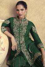 Dark Green Chinon Silk Plazo Suit For Indian Weddings & Pakistani Festival - Embroidery Work