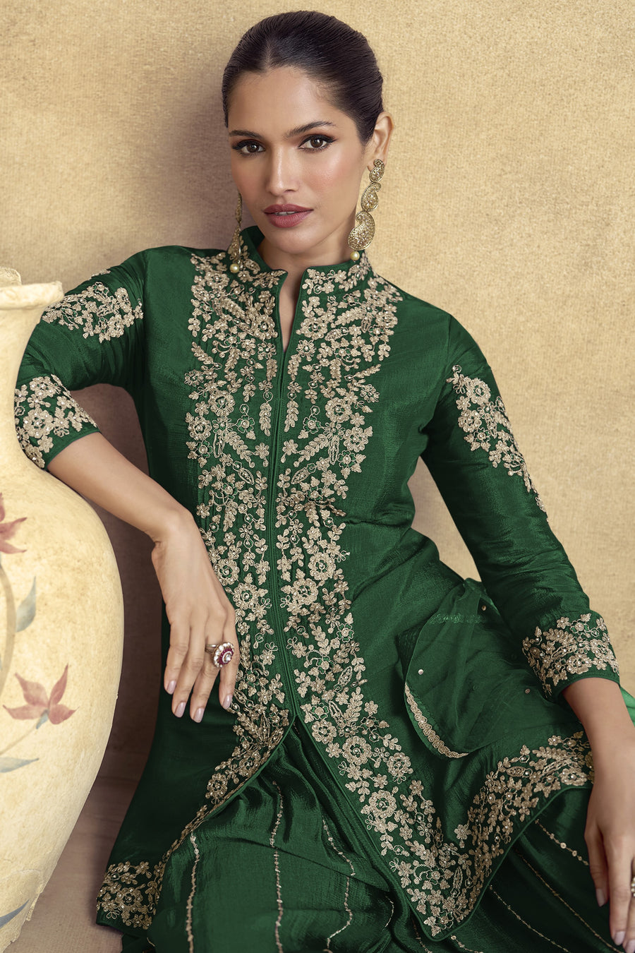 Dark Green Chinon Silk Plazo Suit For Indian Weddings & Pakistani Festival - Embroidery Work
