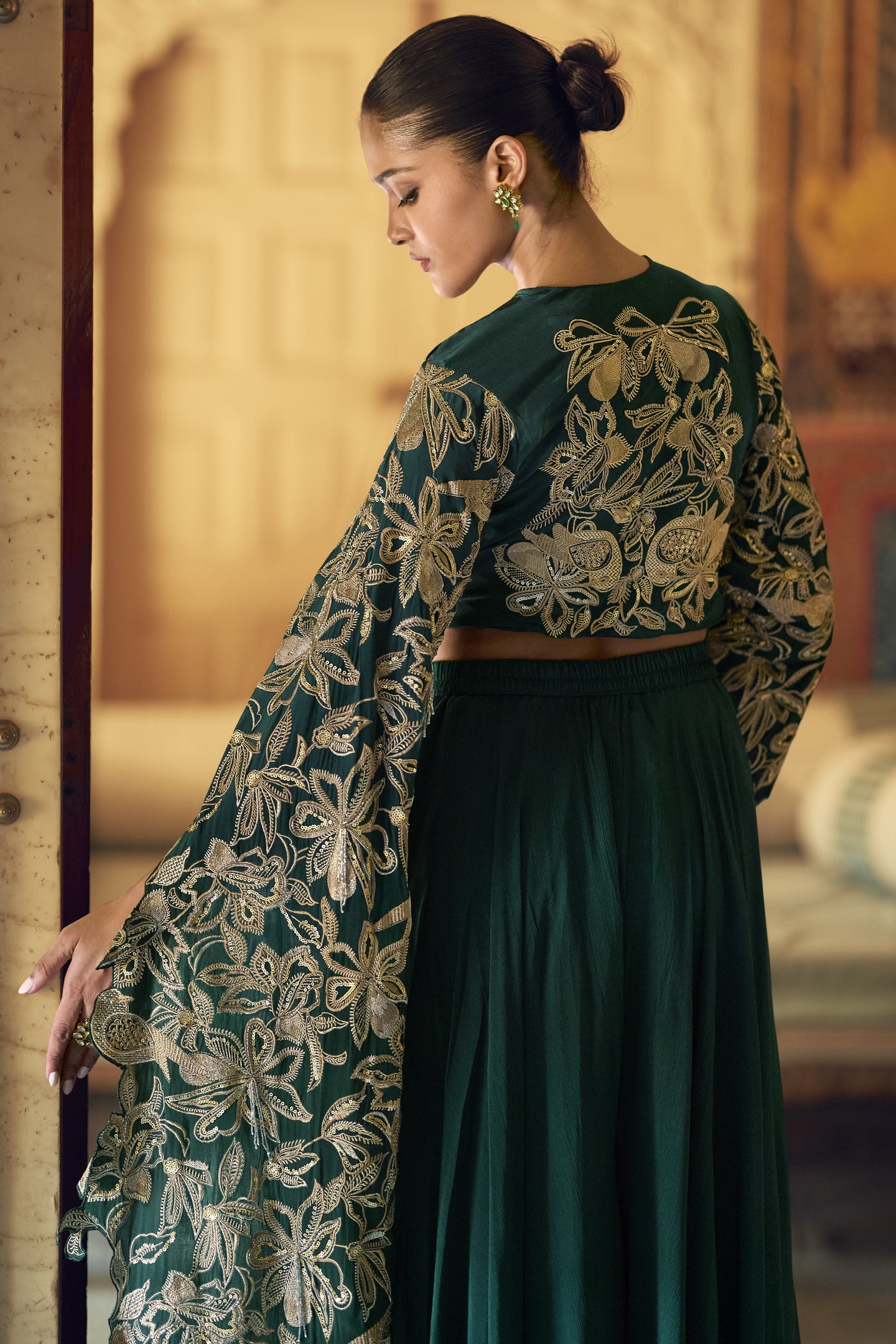 Dark Green Chinon Silk Plazo Suit For Indian Weddings & Pakitani Festival - Embroidery Work