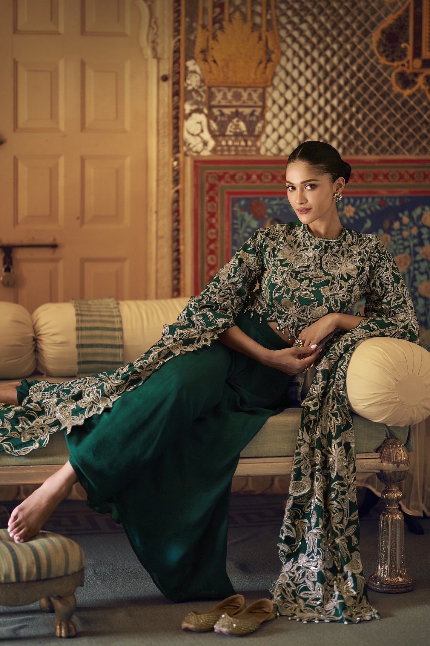 Dark Green Chinon Silk Plazo Suit For Indian Weddings & Pakitani Festival - Embroidery Work