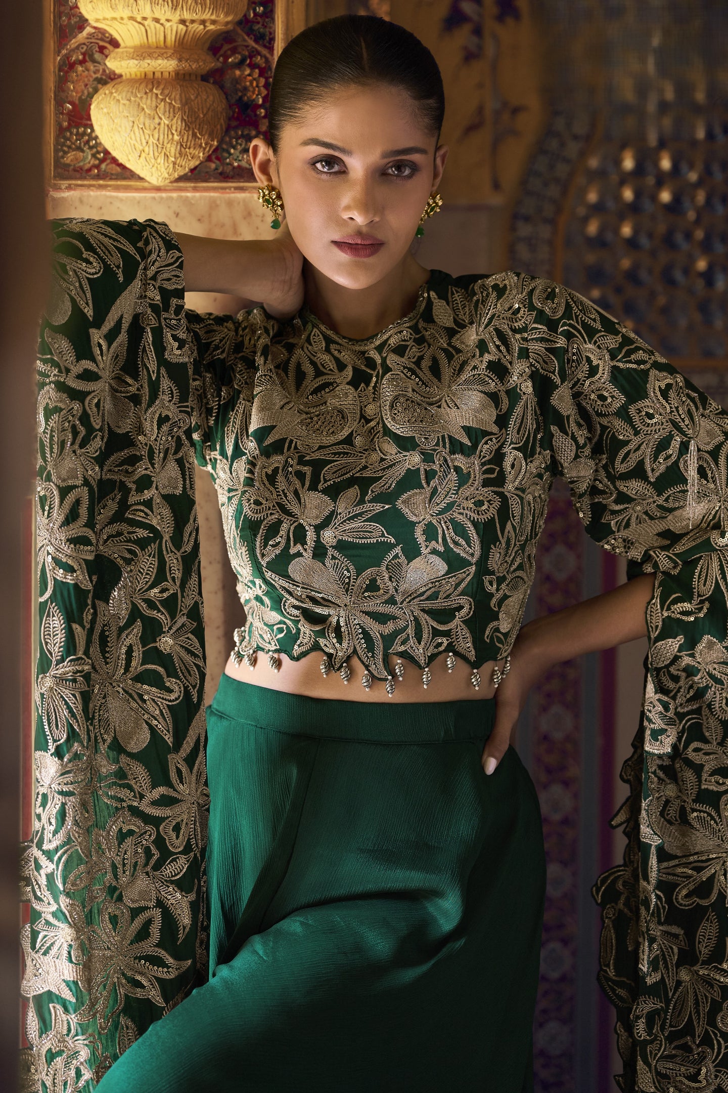 Dark Green Chinon Silk Plazo Suit For Indian Weddings & Pakitani Festival - Embroidery Work