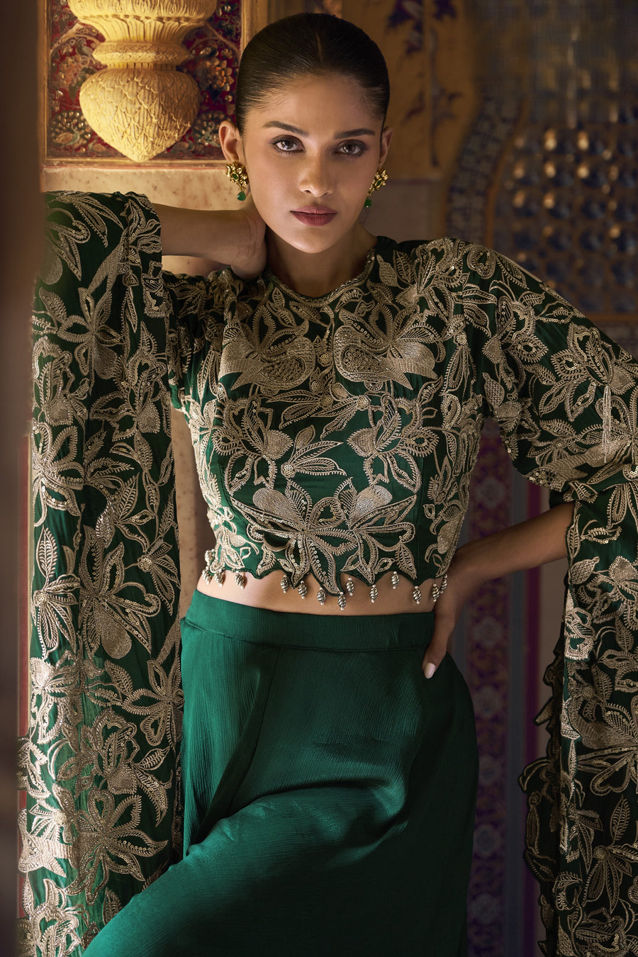 Dark Green Chinon Silk Plazo Suit For Indian Weddings & Pakitani Festival - Embroidery Work