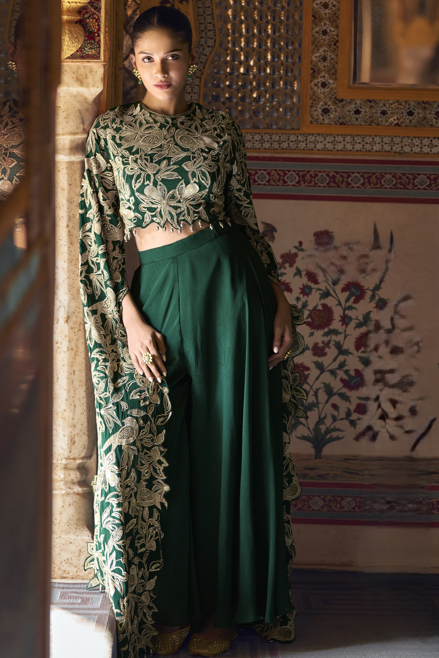 Dark Green Chinon Silk Plazo Suit For Indian Weddings & Pakitani Festival - Embroidery Work